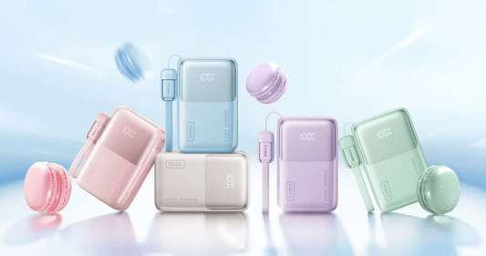 INIU P50-E1 power bank, compact design, fast charging, built-in USB-C cable, and digital display.