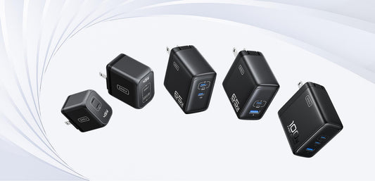 collection of black USB-C and fast chargers floating