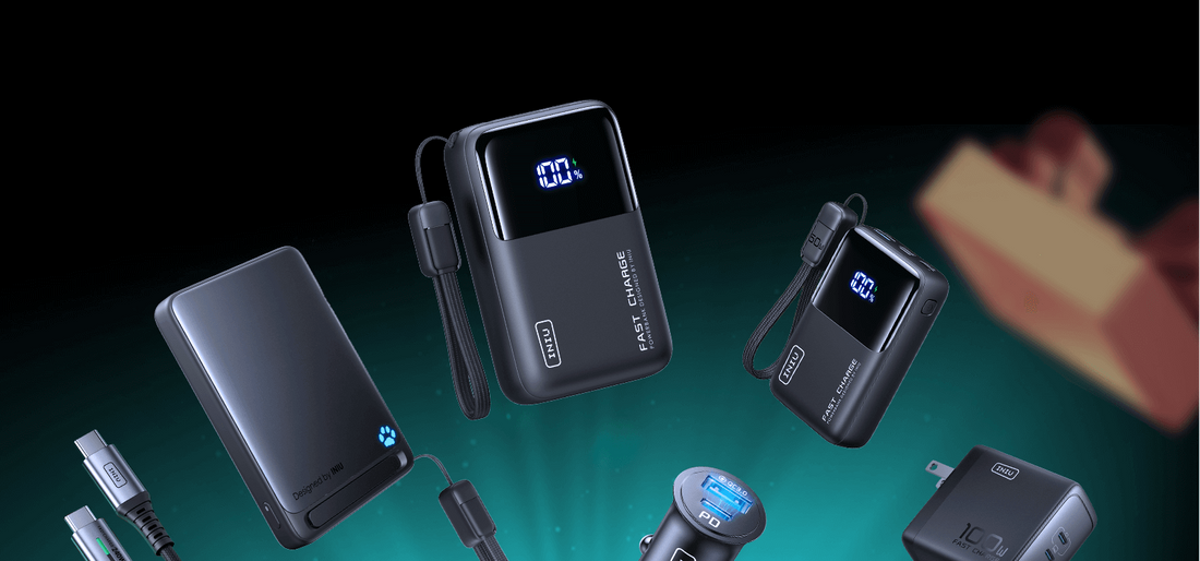 INIU power banks: fast charging portable chargers, cables, and adapters, sleek design.