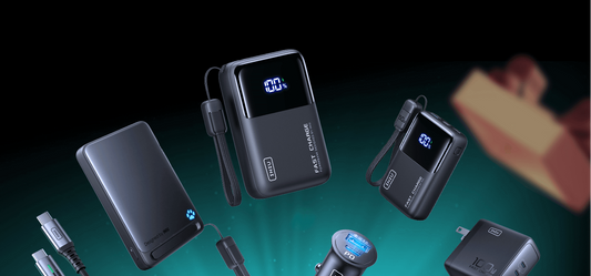 INIU power banks: fast charging portable chargers, cables, and adapters, sleek design.