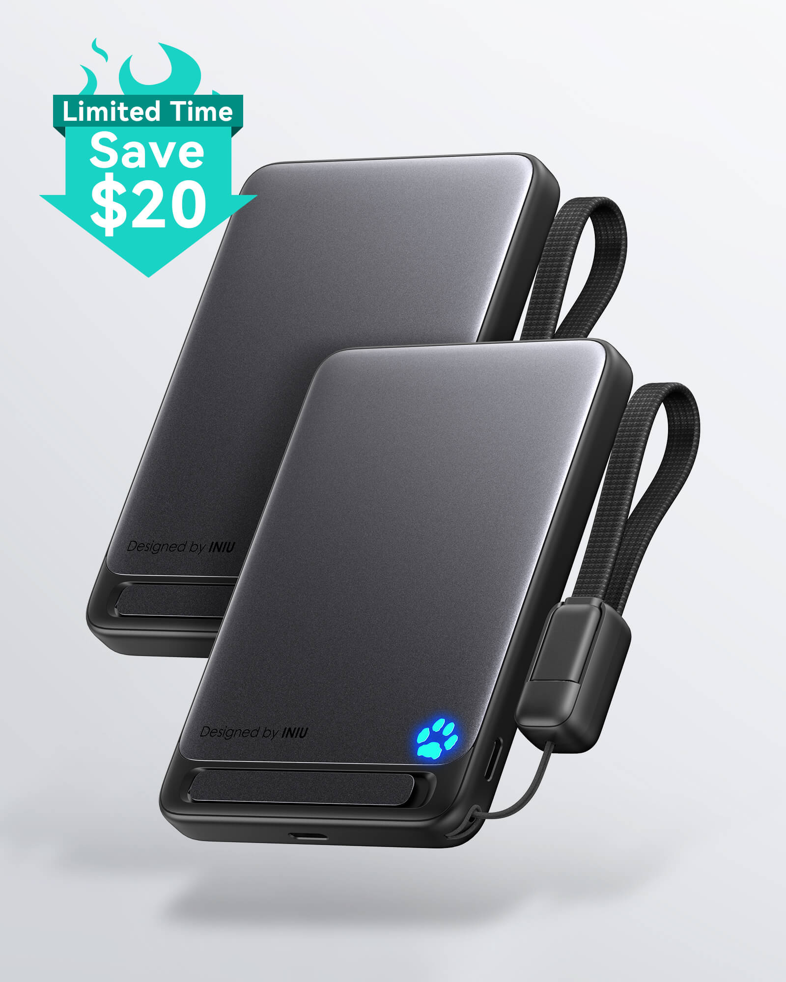 INIU SnapGo P73-E1 Wireless Charger: Dual black power banks with "Limited Time Save $20" offer, compact design, and lanyard.
