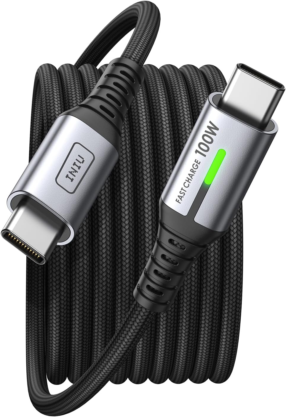 INIU 100W USB C to USB C Cable, Black nylon braided fast charging cable with 100W Fast Charge indicator and INIU logo.