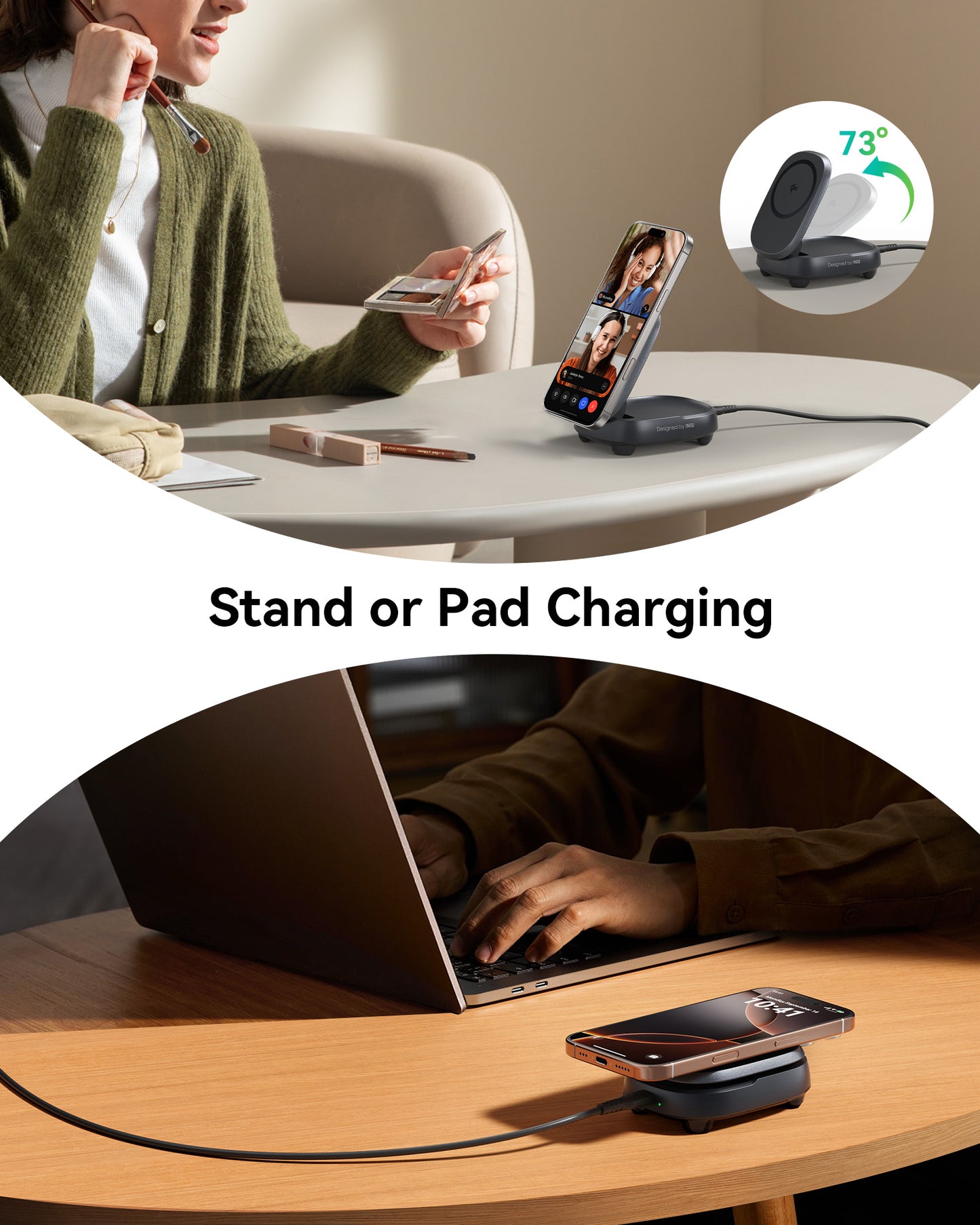 INIU WM211 Wireless Charger, Qi2, foldable stand & pad, fast charging, iPhone