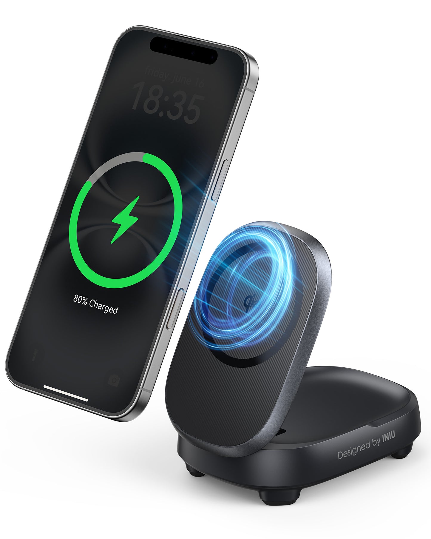 INIU WM211 Wireless Charger, black foldable Qi2 charging stand, iPhone charging to 80%, compact design, fast charging