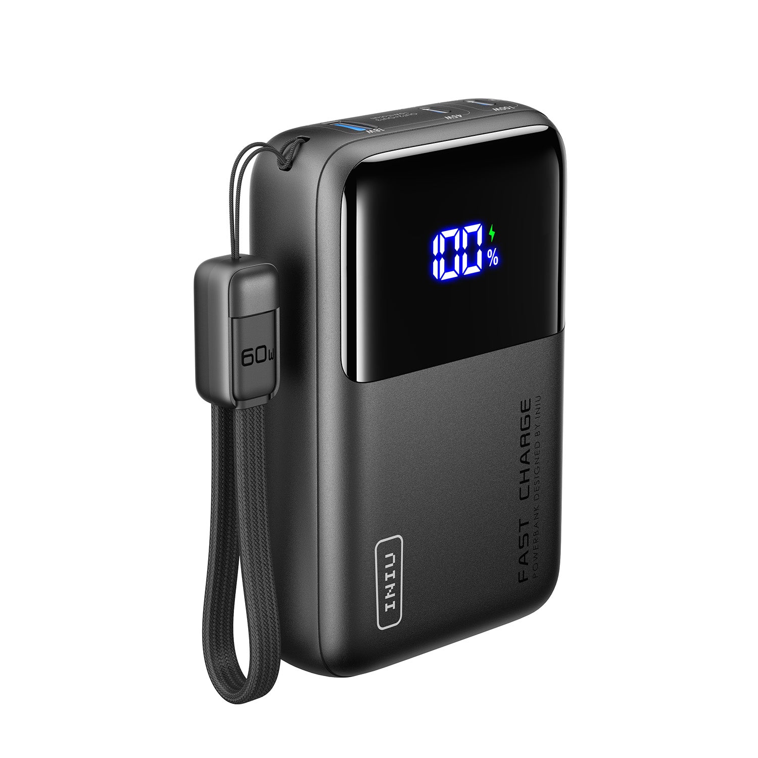 INIU Cougar P63-E1 Power Bank, compact black design with 100W fast charge display, 60W strap, and FAST CHARGE text.