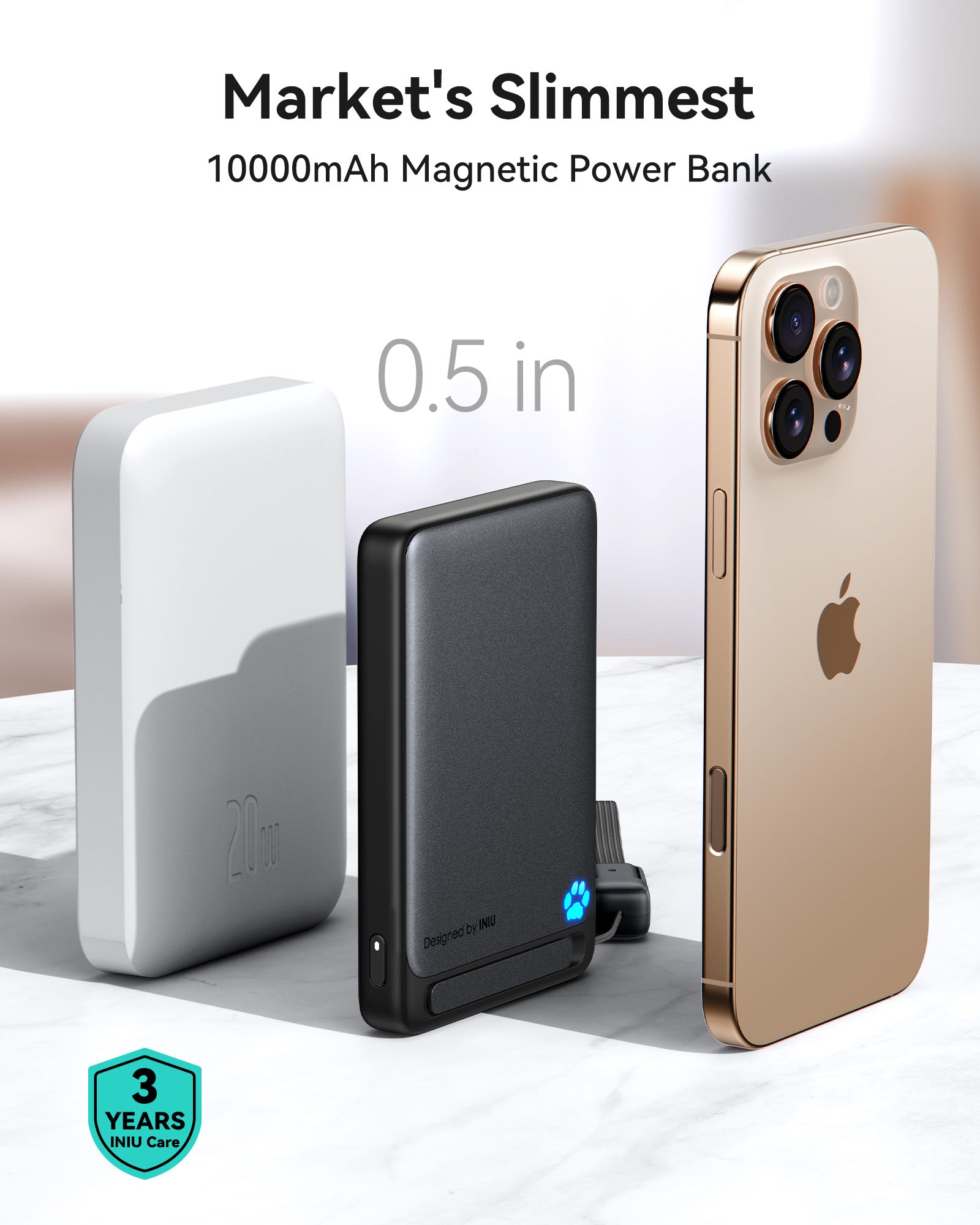 The ultra-slim 0.5-inch INIU SnapGo magnetic power bank stands next to a gold iPhone 17, highlighting its compact design.