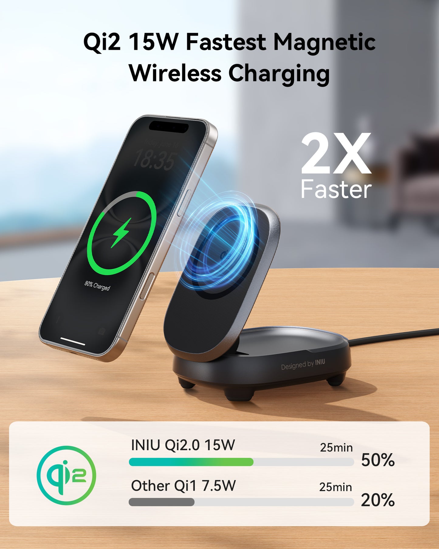 INIU WM211 Wireless Charger: Black Qi2 magnetic charging stand, fast charging iPhone, charging to 80%, 2X faster charging