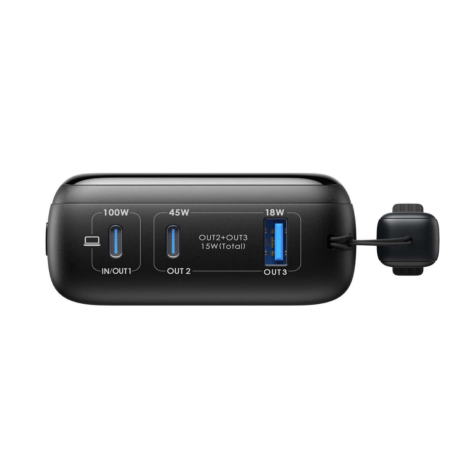 INIU Cougar P63-E1 Power Bank: 100W, 45W, 18W ports, black design, strap for portability.