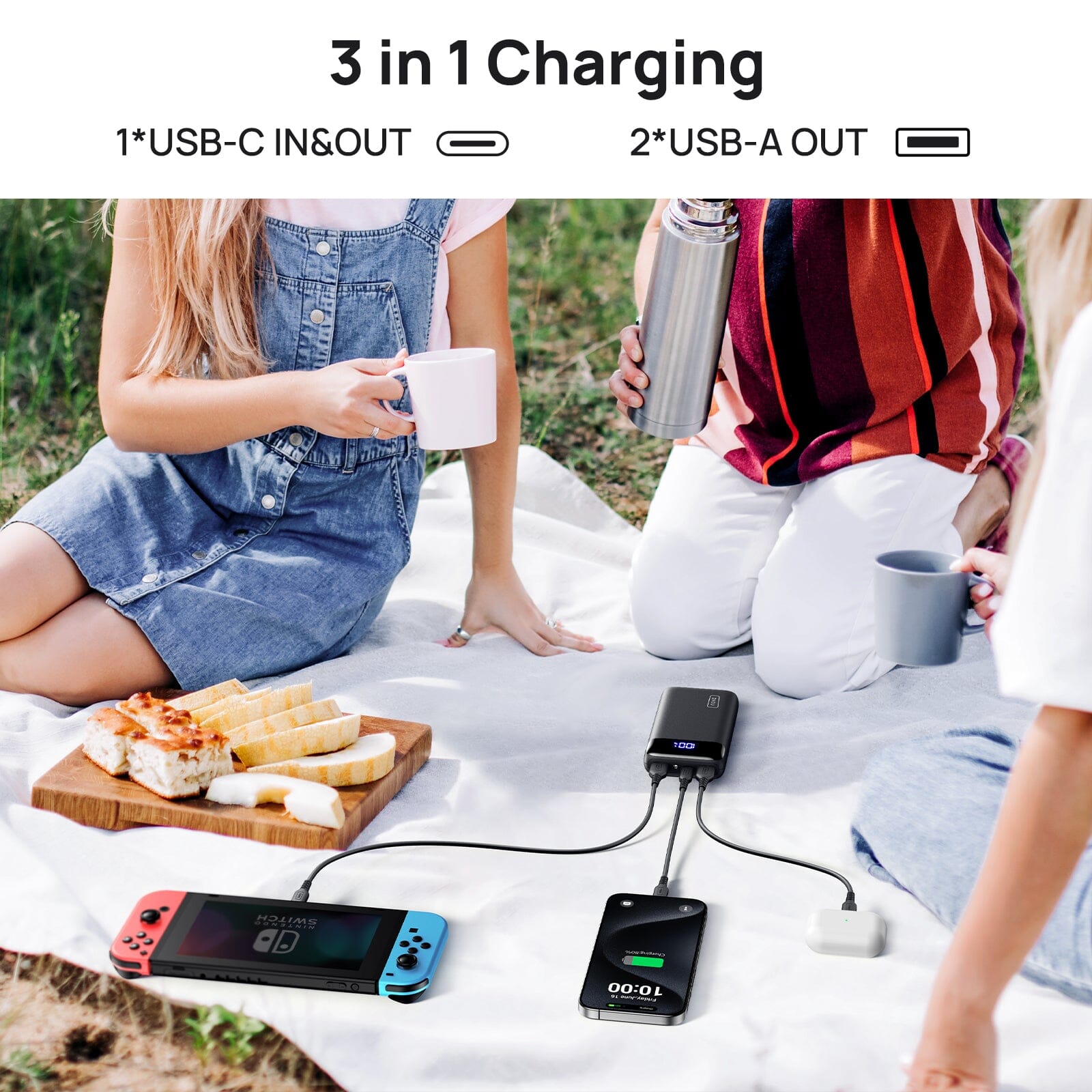 INIU B5 Power Bank: 3-in-1 charging multiple devices, USB-C & USB-A ports, portable charger on picnic blanket.