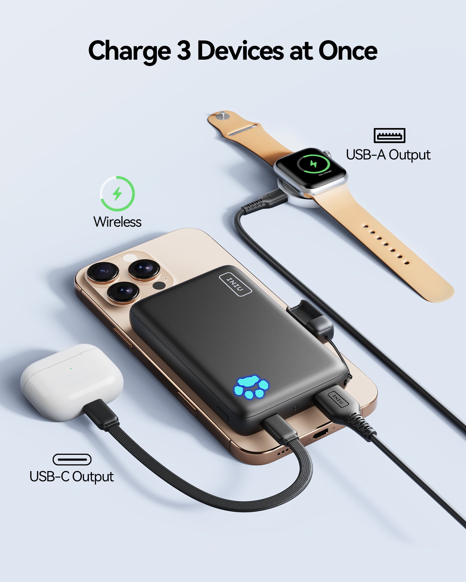 INIU P43-E1 Power Bank: Charge 3 devices simultaneously, wireless, USB-C, and USB-A outputs.