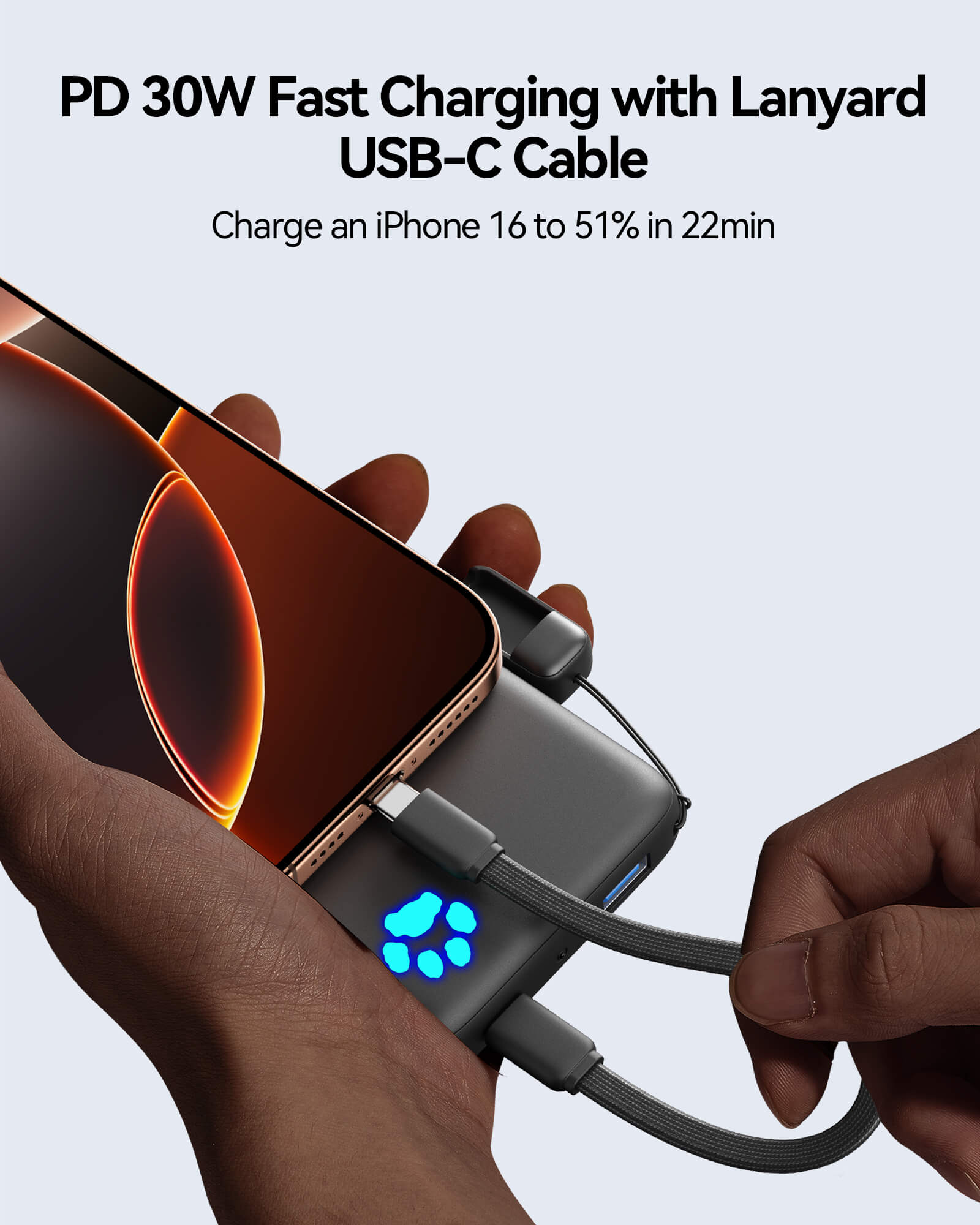 INIU P43-E1 Power Bank: 30W fast charging iPhone 16 with lanyard USB-C cable, charges 51% in 22 minutes.