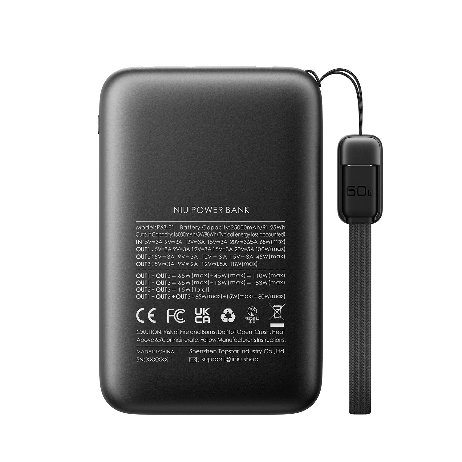 INIU P63-E1 Power Bank: Black, 25000mAh, 60W connector, fast charging for devices.