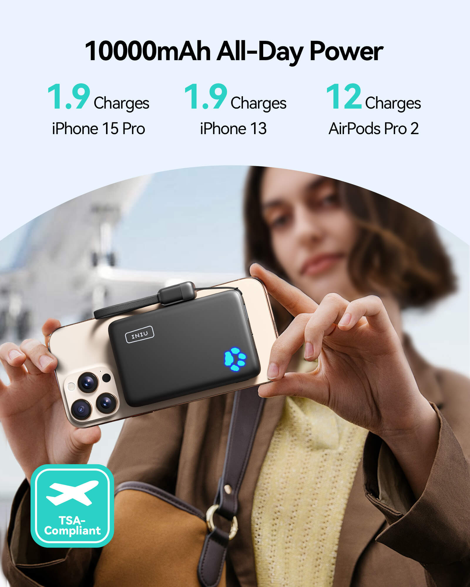 INIU P43-E1 Power Bank: 10000mAh charges iPhone, AirPods. TSA compliant. Black design.