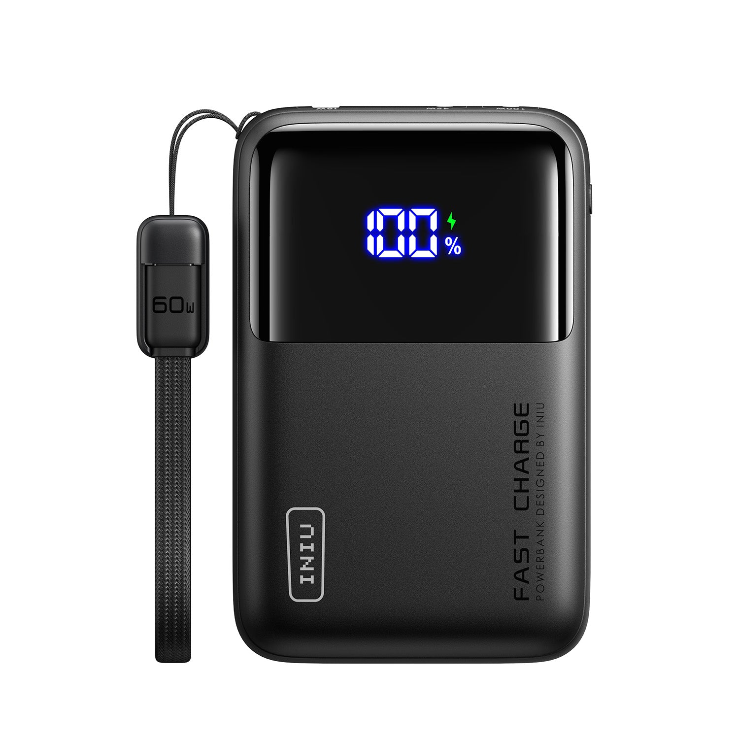 INIU Cougar P63-E1 Power Bank: Compact black design, 100% charge display, 60W strap, and FAST CHARGE.