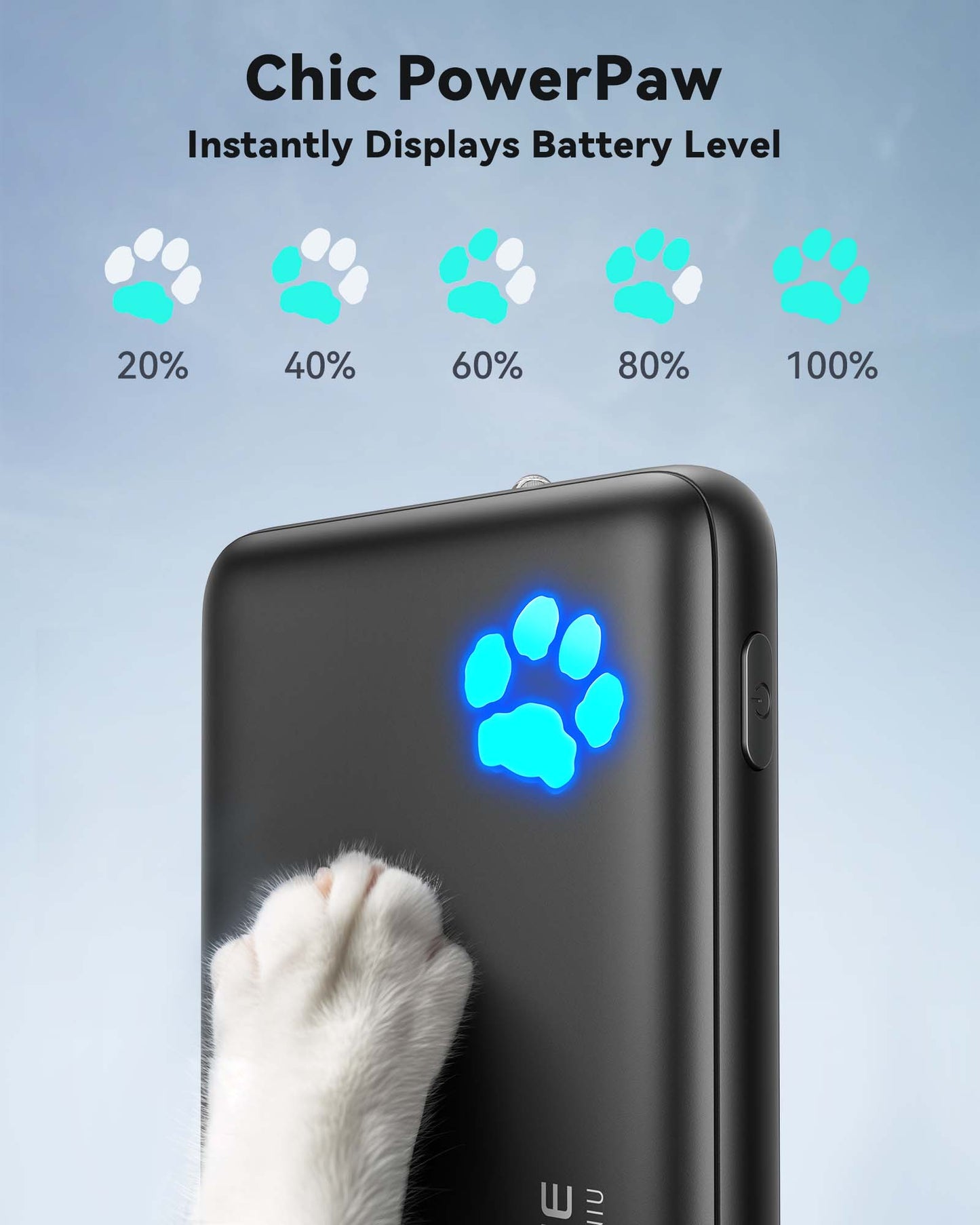 INIU P41-E1 Power Bank with Chic PowerPaw, black portable charger displaying battery level with paw indicator.