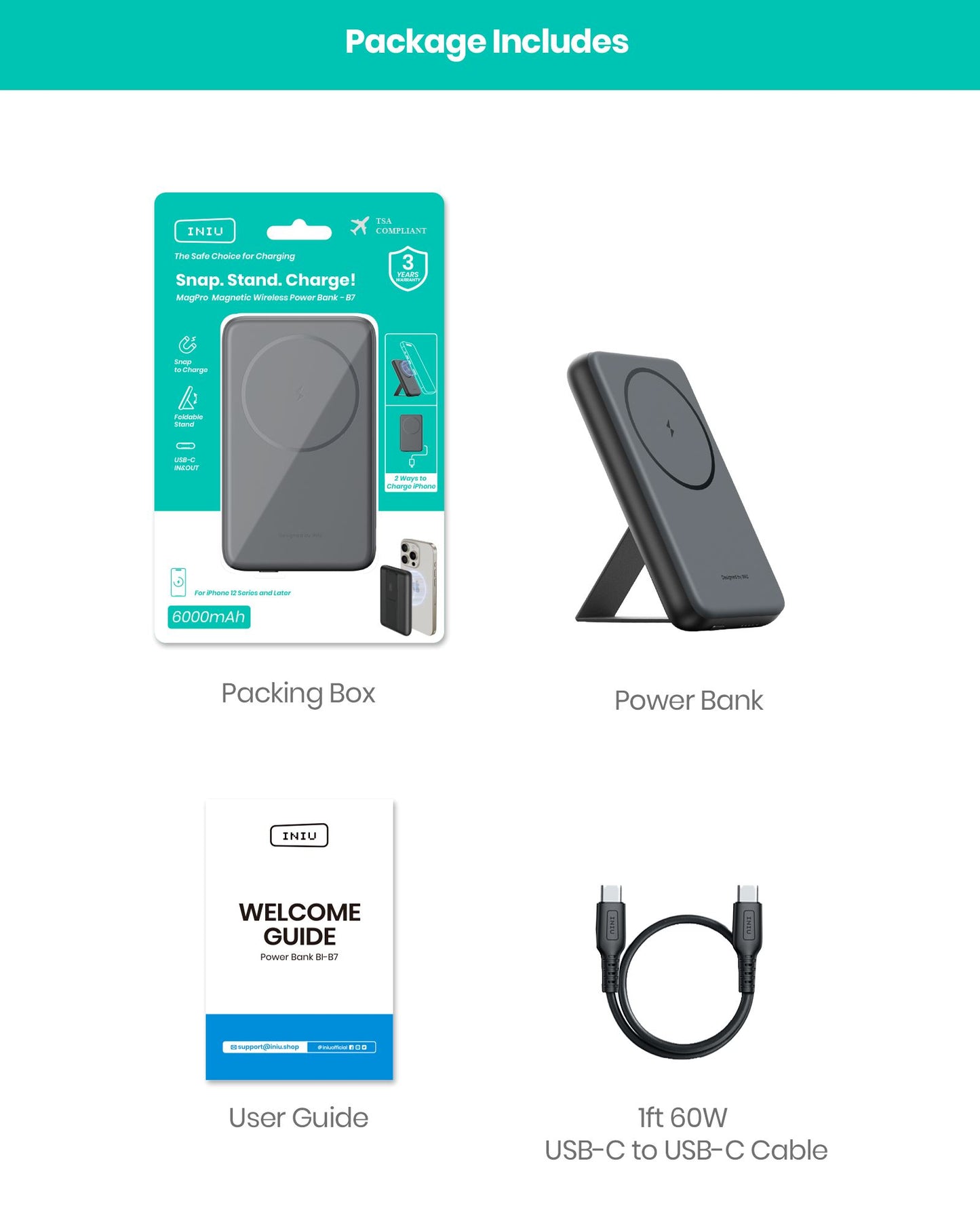 INIU for MagSafe Battery Pack, Slim 6000mAh 20W Magnetic Portable Charger with Foldable Stand for iPhone 15/15 Plus/15 Pro/15 Pro Max, iPhone 14/13/12 Series (with 1ft 60W USB C-C Cable)