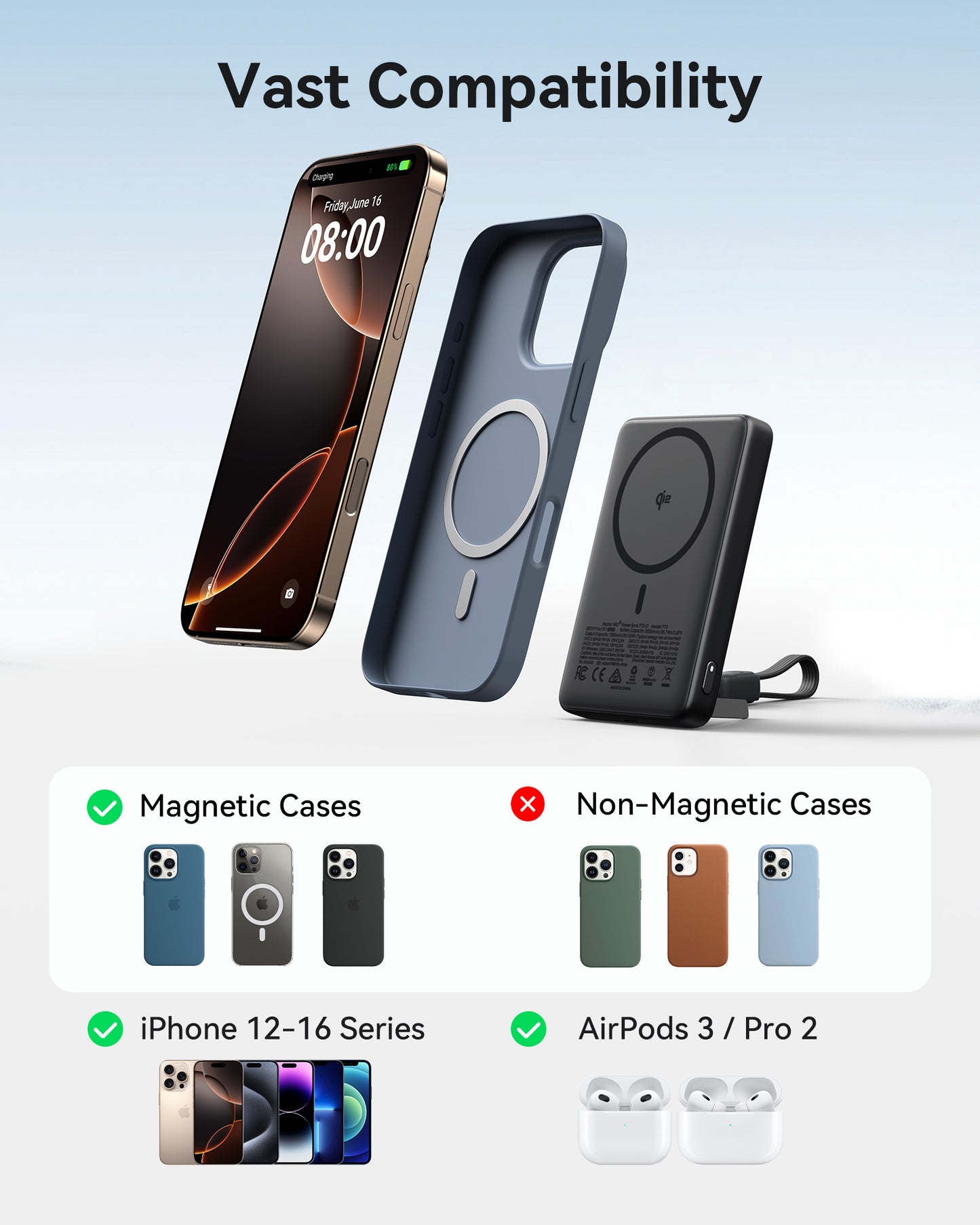 INIU SnapGo P73-E1 magnetic charger compatibility for AirPods and iPhones 12-16, and also perfect for iPhone 17.