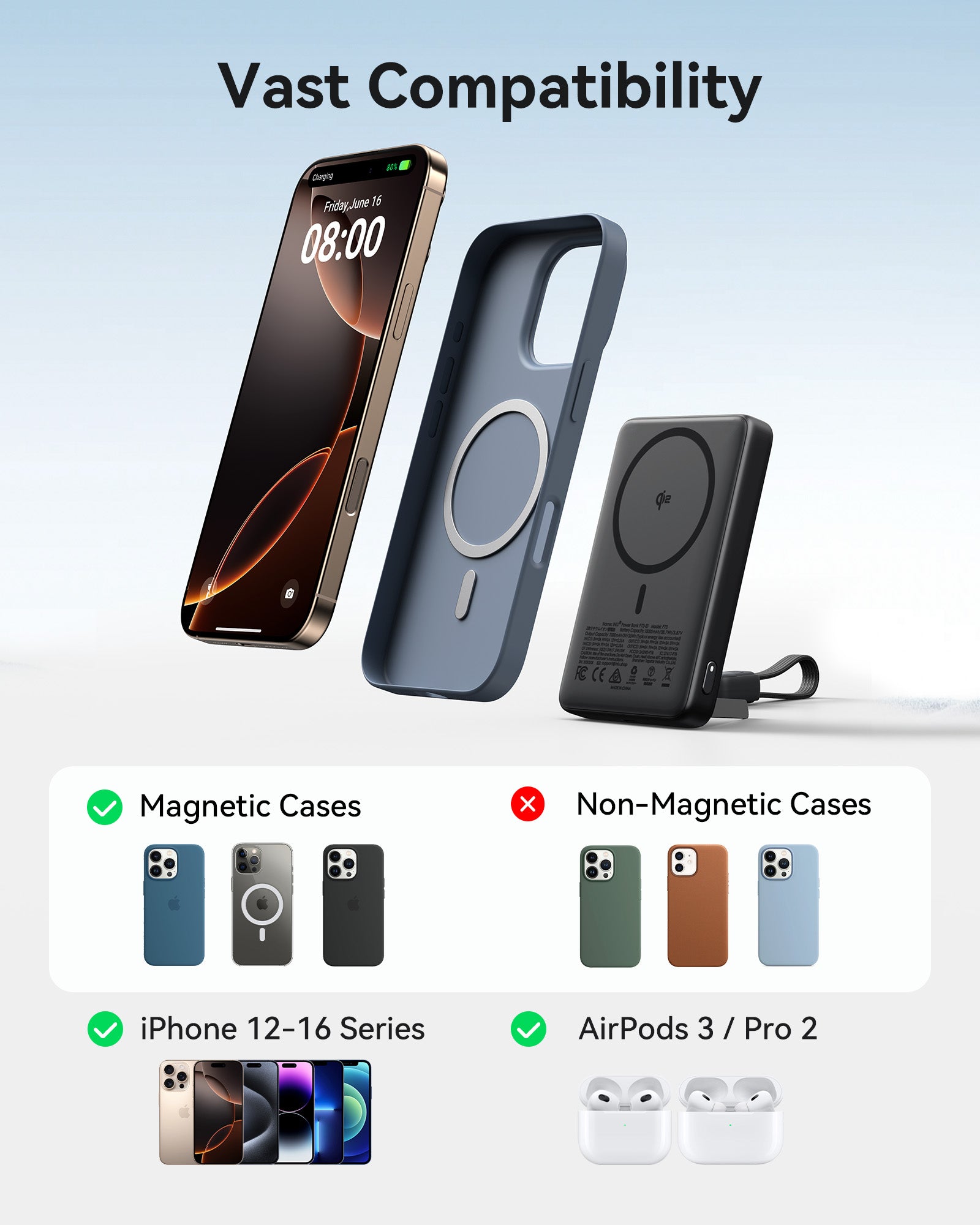 INIU SnapGo P73-E1 magnetic charger compatibility for AirPods and iPhones 12-16, and also perfect for iPhone 17.