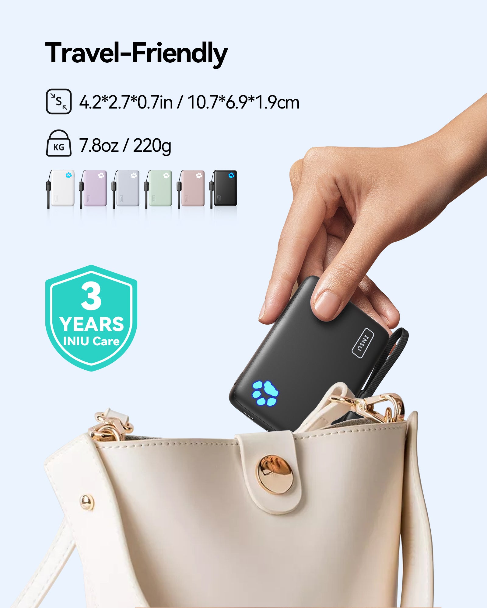 INIU P43-E1 black power bank with the text 'Travel-Friendly', compact design, 3-Year Care, fits into a bag