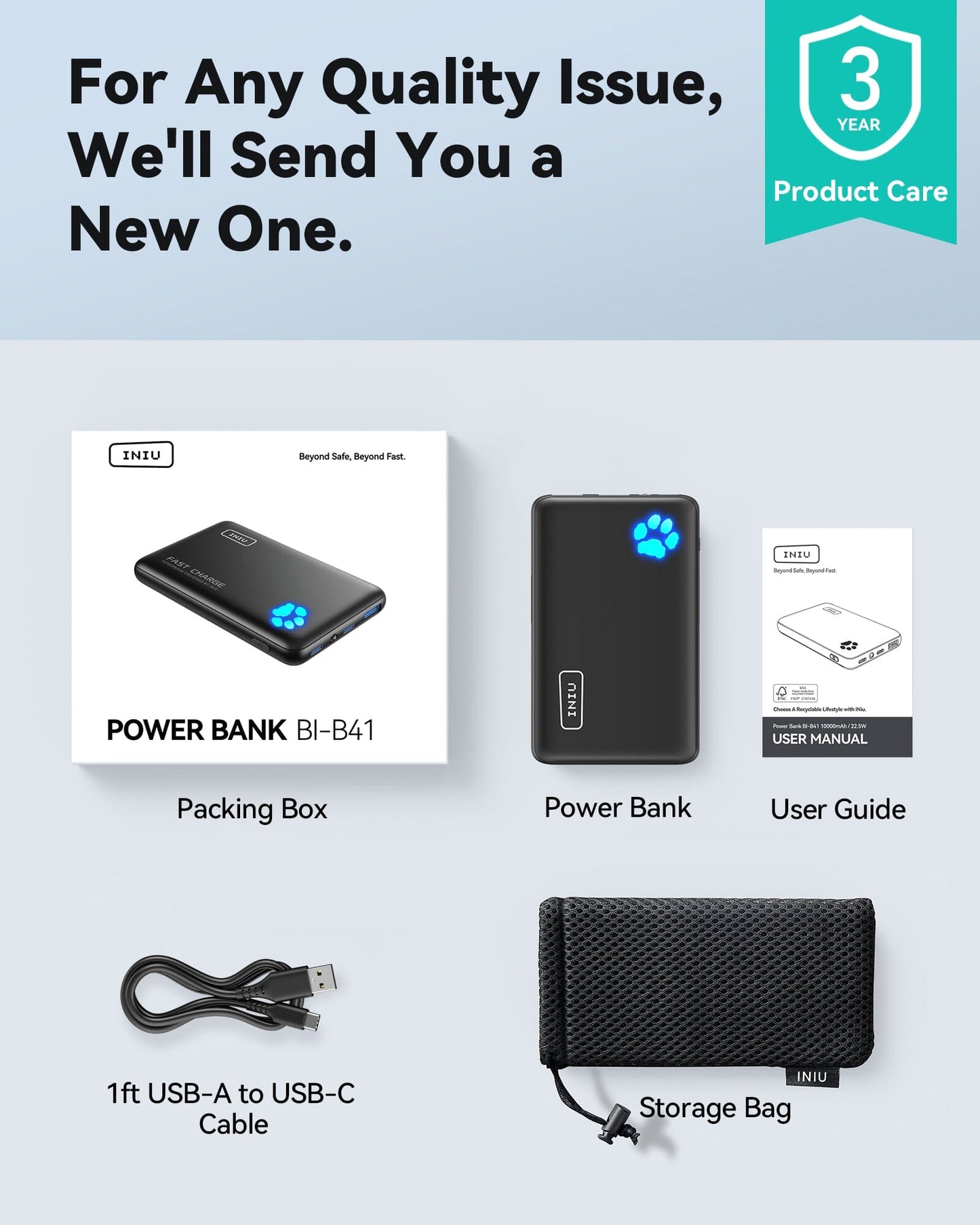 INIU BI-B41 Power Bank Kit: Black portable charger, USB cable, and storage bag, with 3-year warranty.