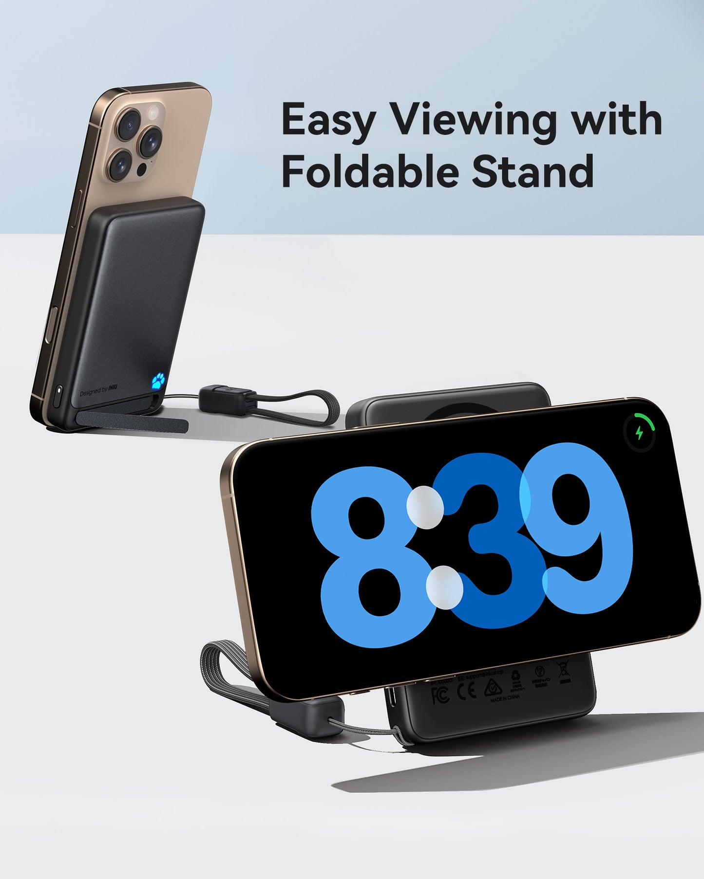 INIU power bank with foldable stand props up an iPhone 17 horizontally for StandBy mode and vertically for easy viewing.