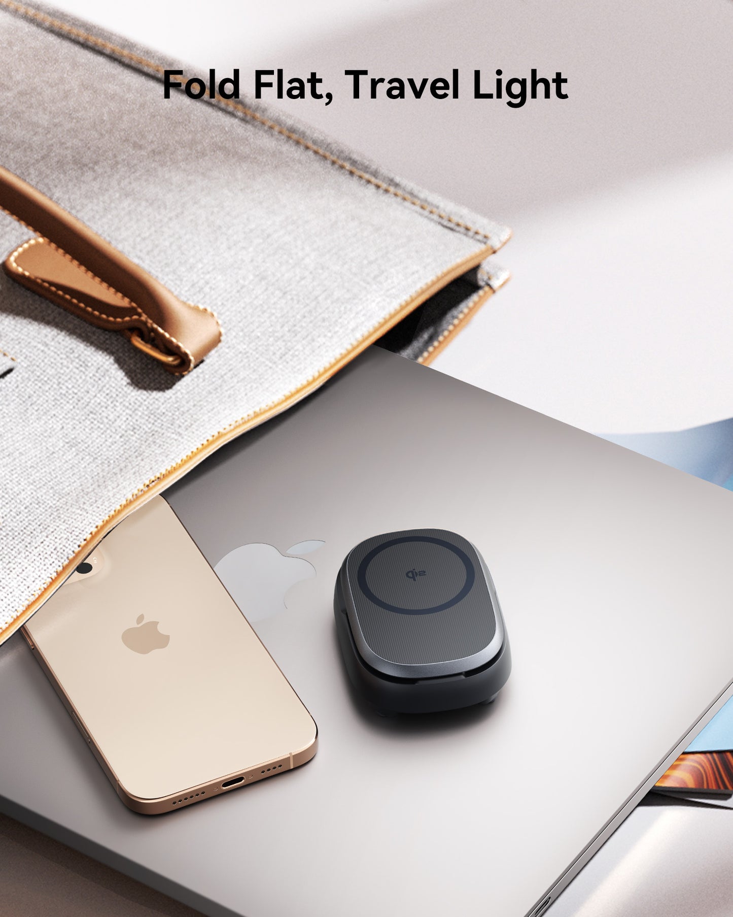 INIU WM211 Wireless Charger on MacBook with iPhone. Foldable and travel-friendly design.