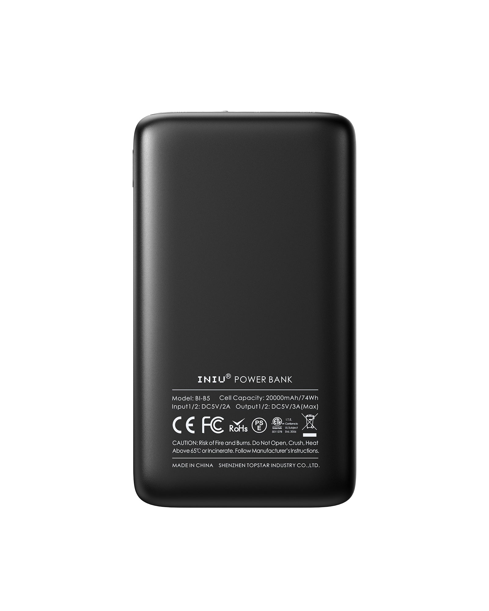 INIU B5 Power Bank, black portable charger with 20000mAh capacity, safety certifications, and INIU branding.