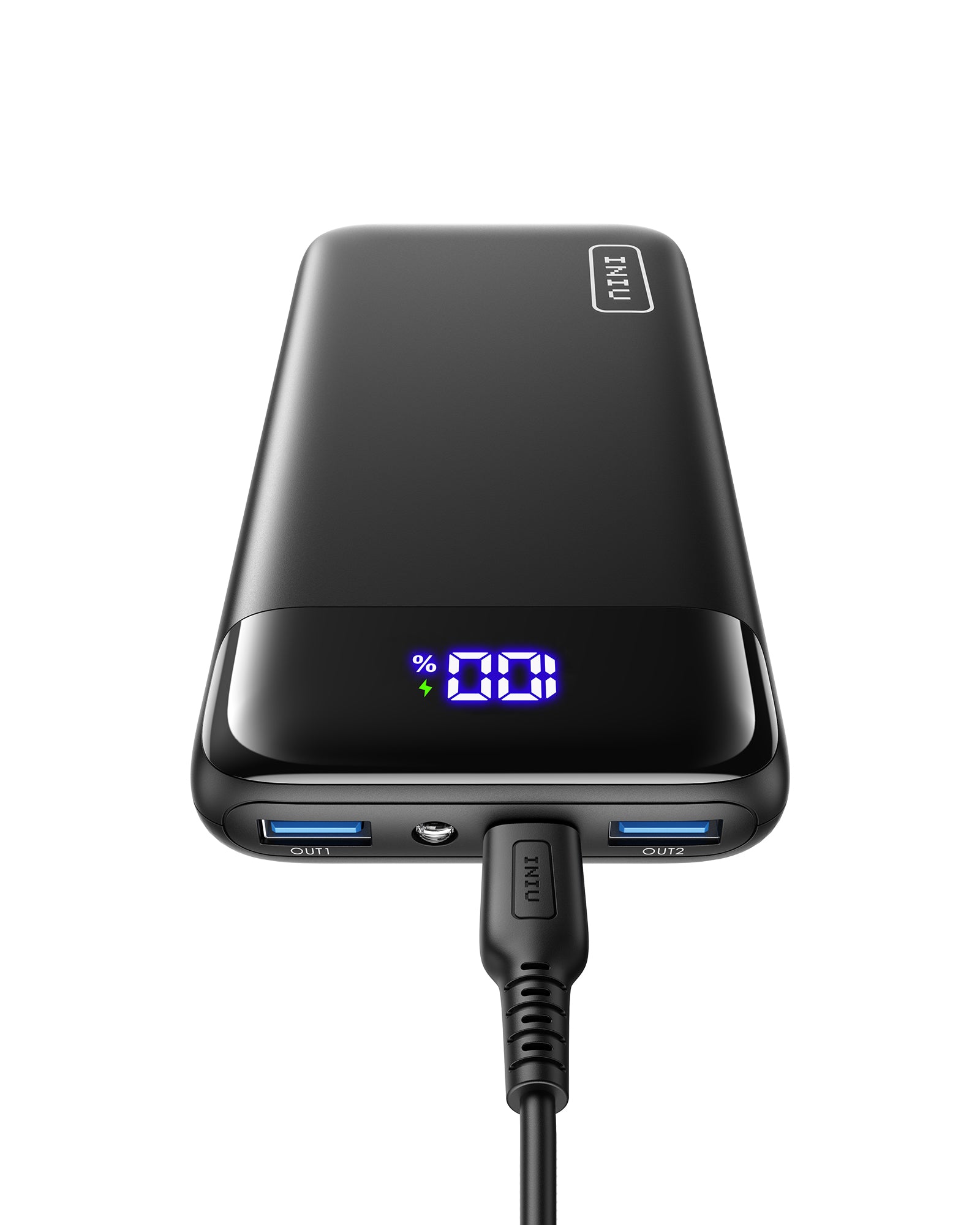 INIU B5 Power Bank 20000mAh, black portable charger with digital display showing 100% charge, USB-C cable connected