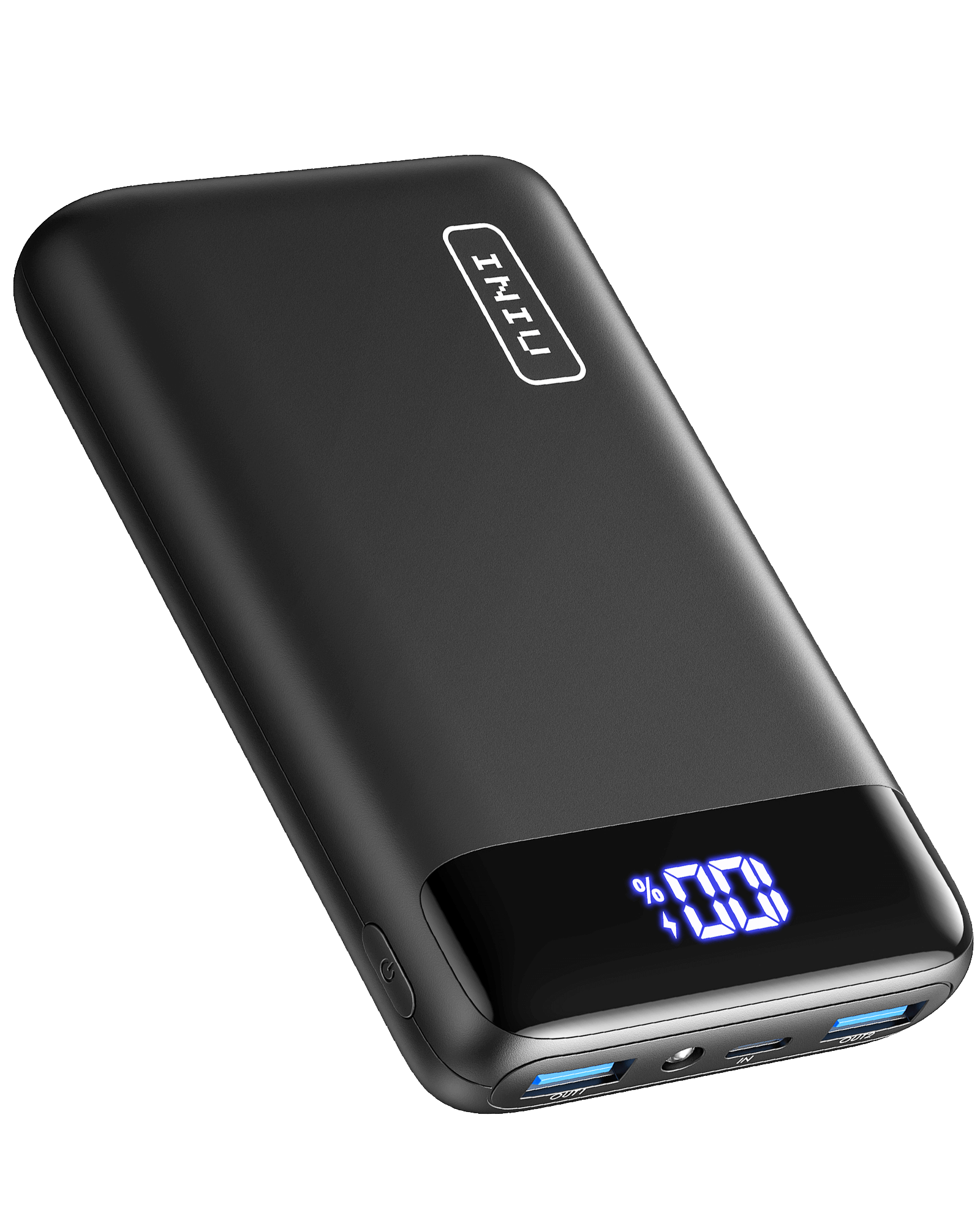 INIU B5 Power Bank - Black, sleek design with digital display showing charge level and INIU branding