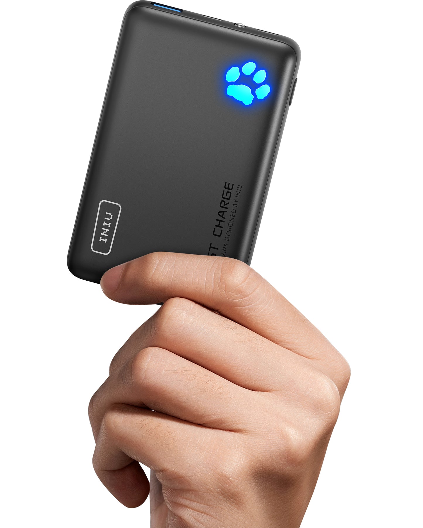 INIU P41-E1 Power Bank - Black power bank held by a hand, with Fast Charge and INIU logo, featuring a blue paw indicator