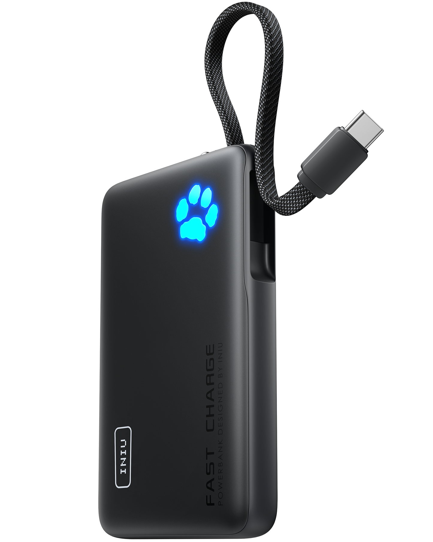 Black INIU power bank, built-in USB-C cable, glowing paw logo. Black Friday tech gift for men. Fast charging deals.