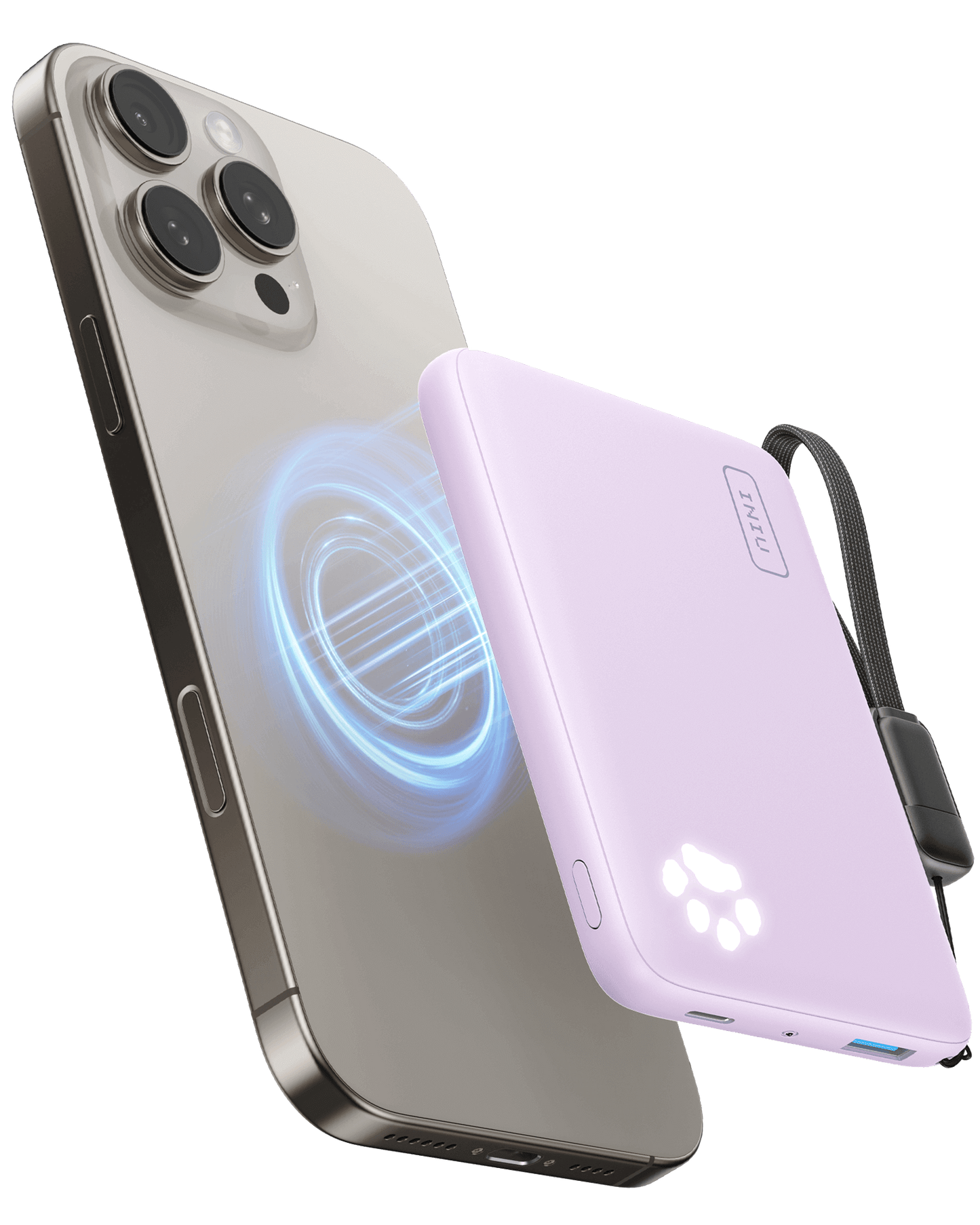 Pastel purple INIU magnetic power bank wirelessly charging iPhone, featuring Black Friday deals on tech gifts.