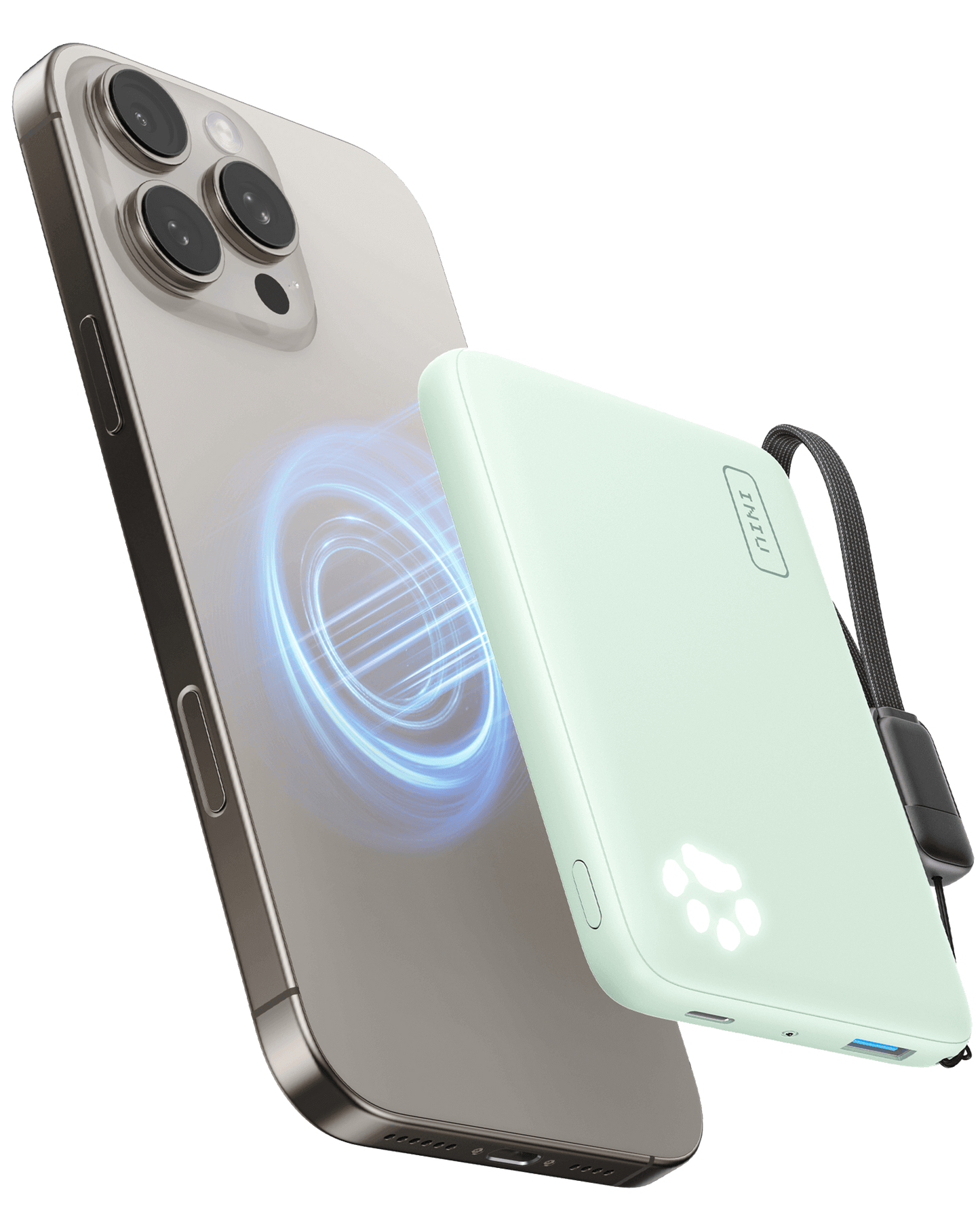 INIU P43-E1 Magsafe Power Bank wirelessly charging iPhone, mint green with paw indicator lights