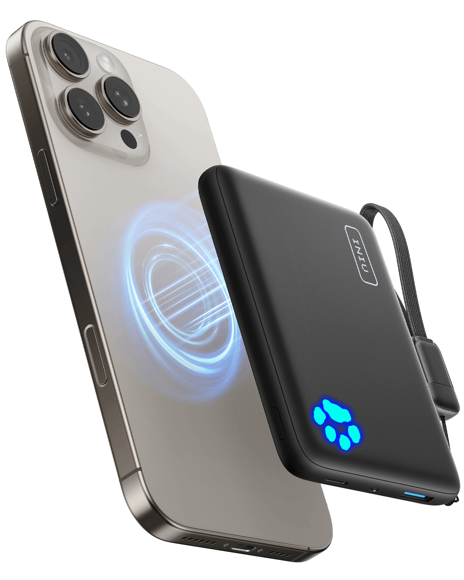 INIU P43-E1 Power Bank Qi2 15W Magsafe - Black power bank charging iPhone with wireless charging