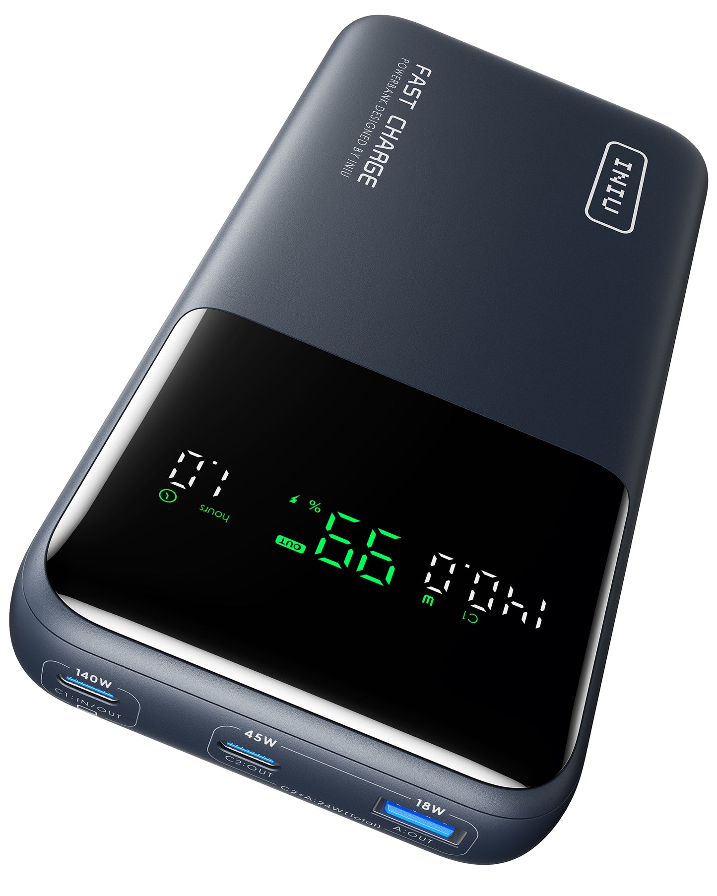 INIU Cougar P64-E1 Power Bank, Fast Charging Power Bank with digital display showing battery life, 140W output.