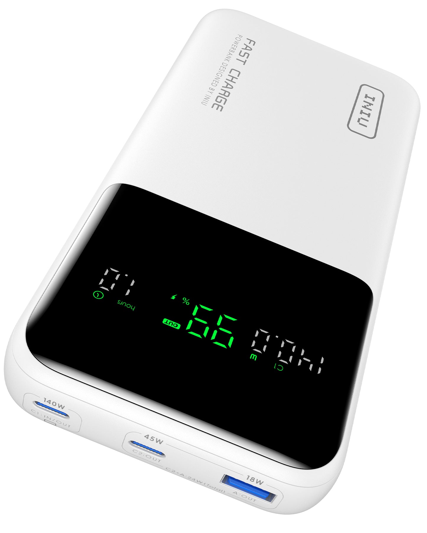 INIU Cougar P64-E1 Power Bank: White design with a digital display showing charging status and output, 140W fast charging.