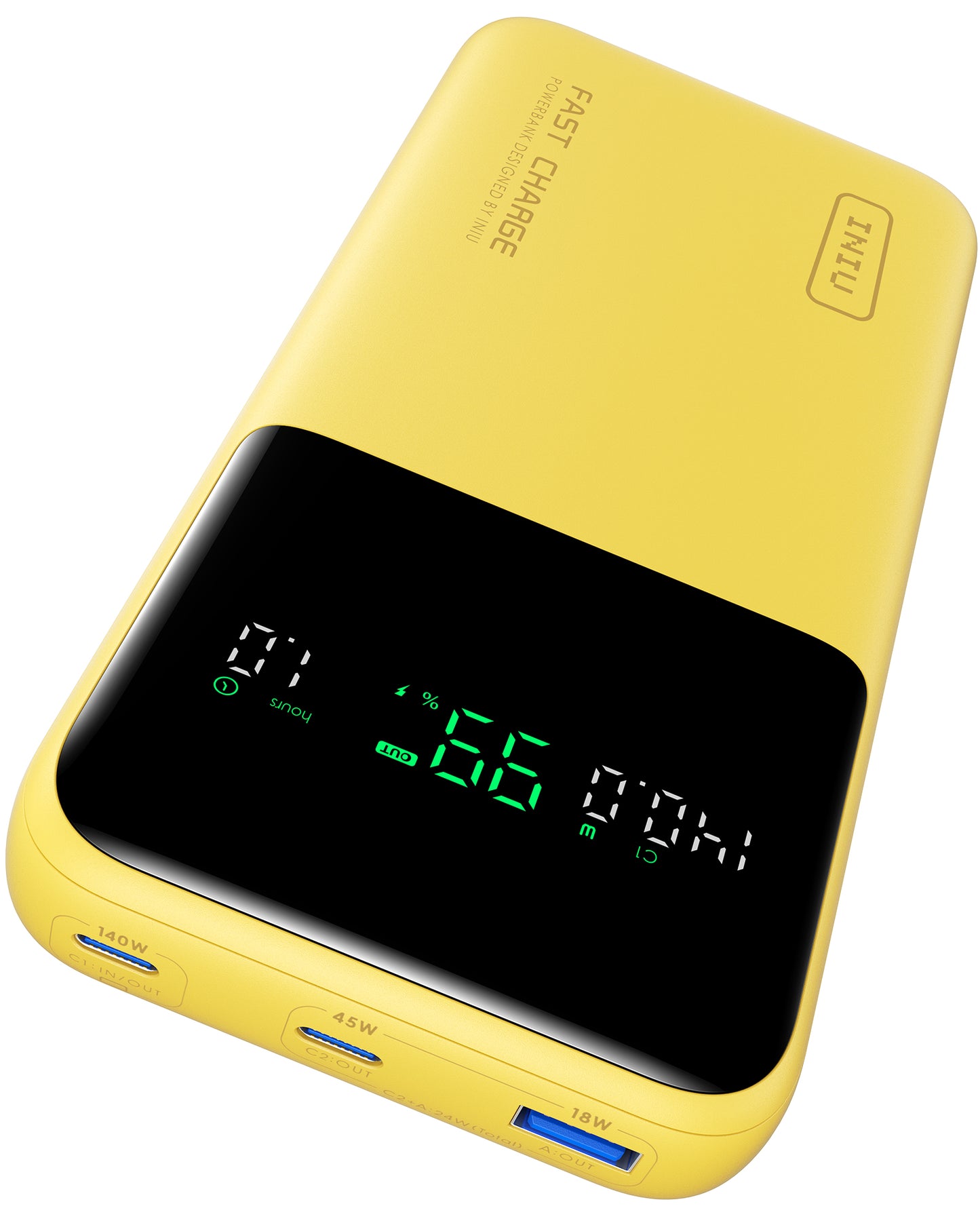 INIU Cougar P64-E1 Power Bank yellow, digital display showing charging status, 140W fast charging, and multiple ports