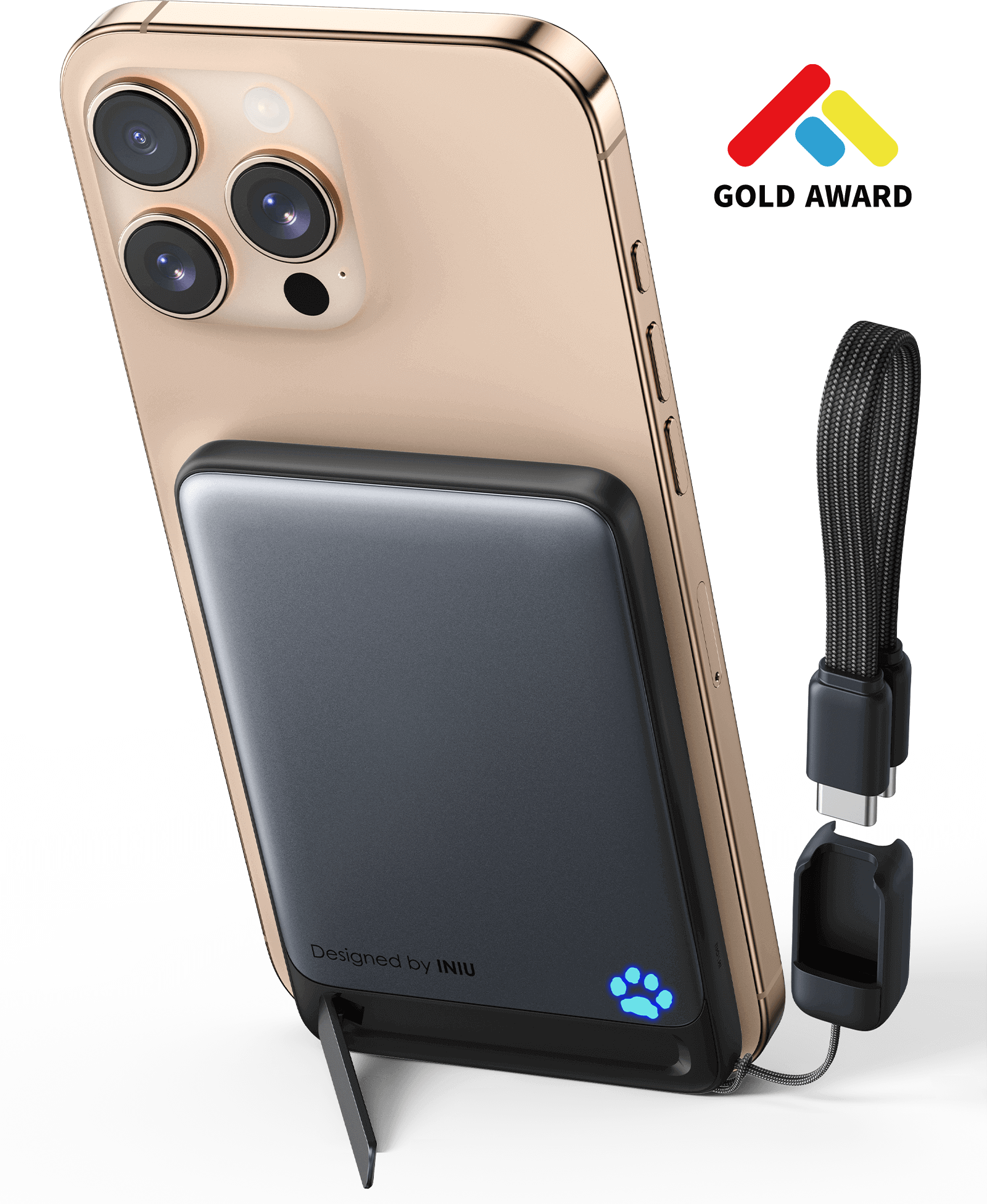 INIU SnapGo P71-E1 Power Bank: Black Magsafe charger on iPhone, Gold Award, Qi2 wireless charging.