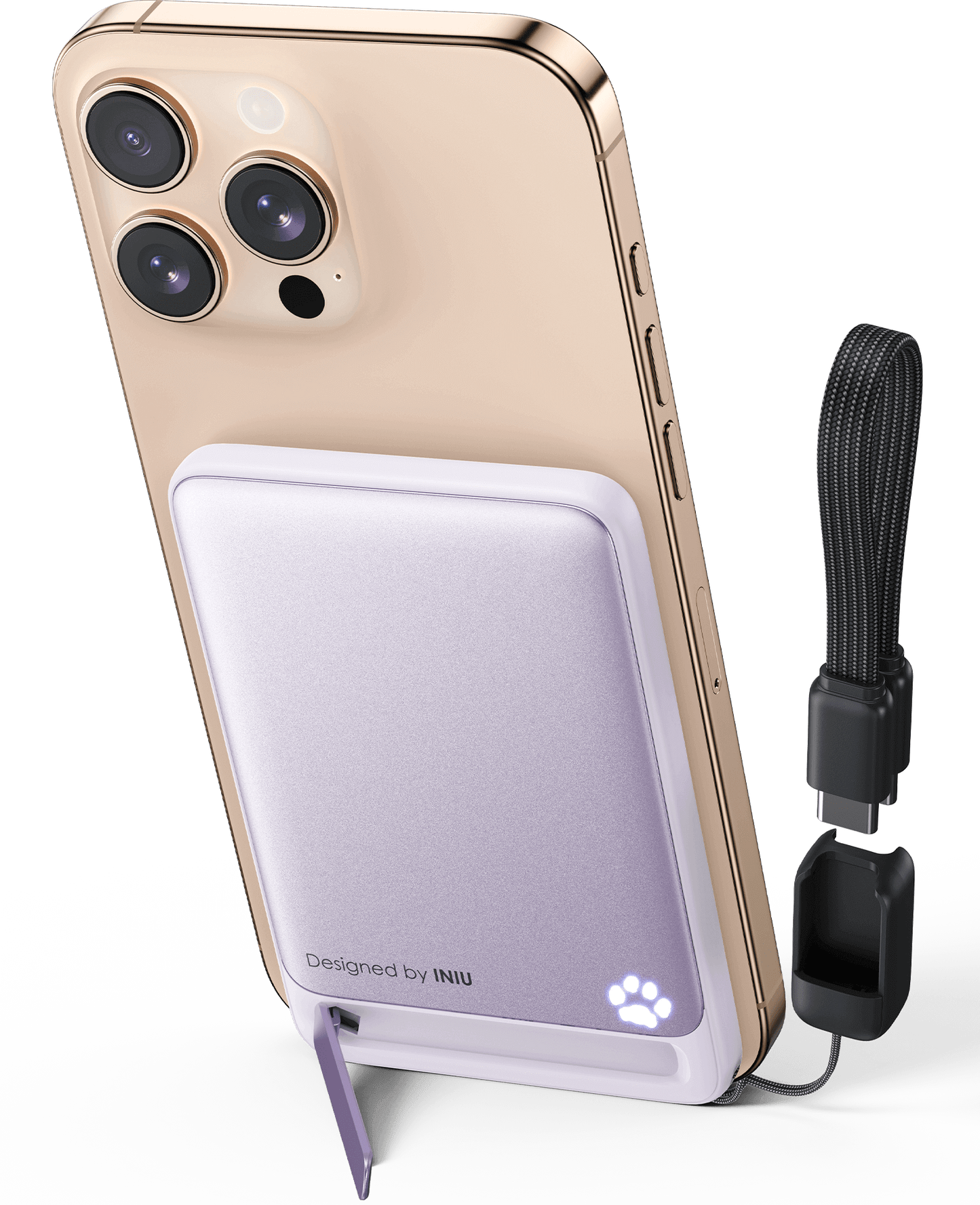 INIU SnapGo P71-E1: Purple magnetic power bank with iPhone, foldable stand, and USB-C cable. Designed by INIU.