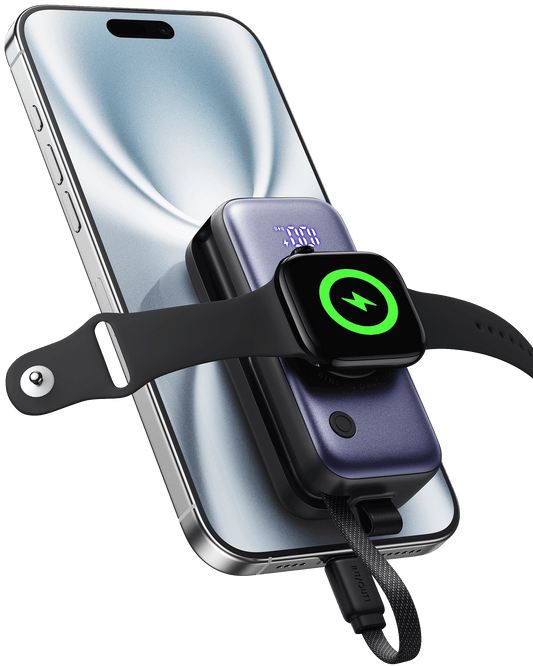 INIU SnapGo P81-E1 Power Bank charging Apple Watch. USB-C cable, digital display shows power.