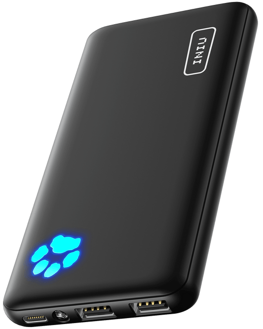 INIU B41 Power Bank - Black, slim 10000mAh power bank with USB-C and LED indicator
