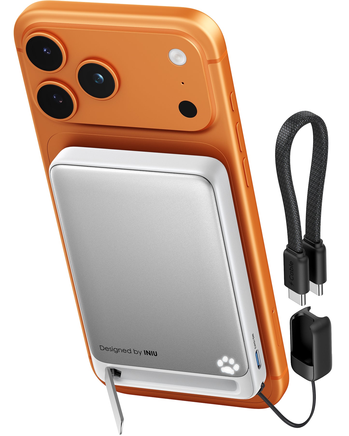 Black Friday deal: Slim silver power bank snaps to orange phone, with kickstand. Great tech gift for men.