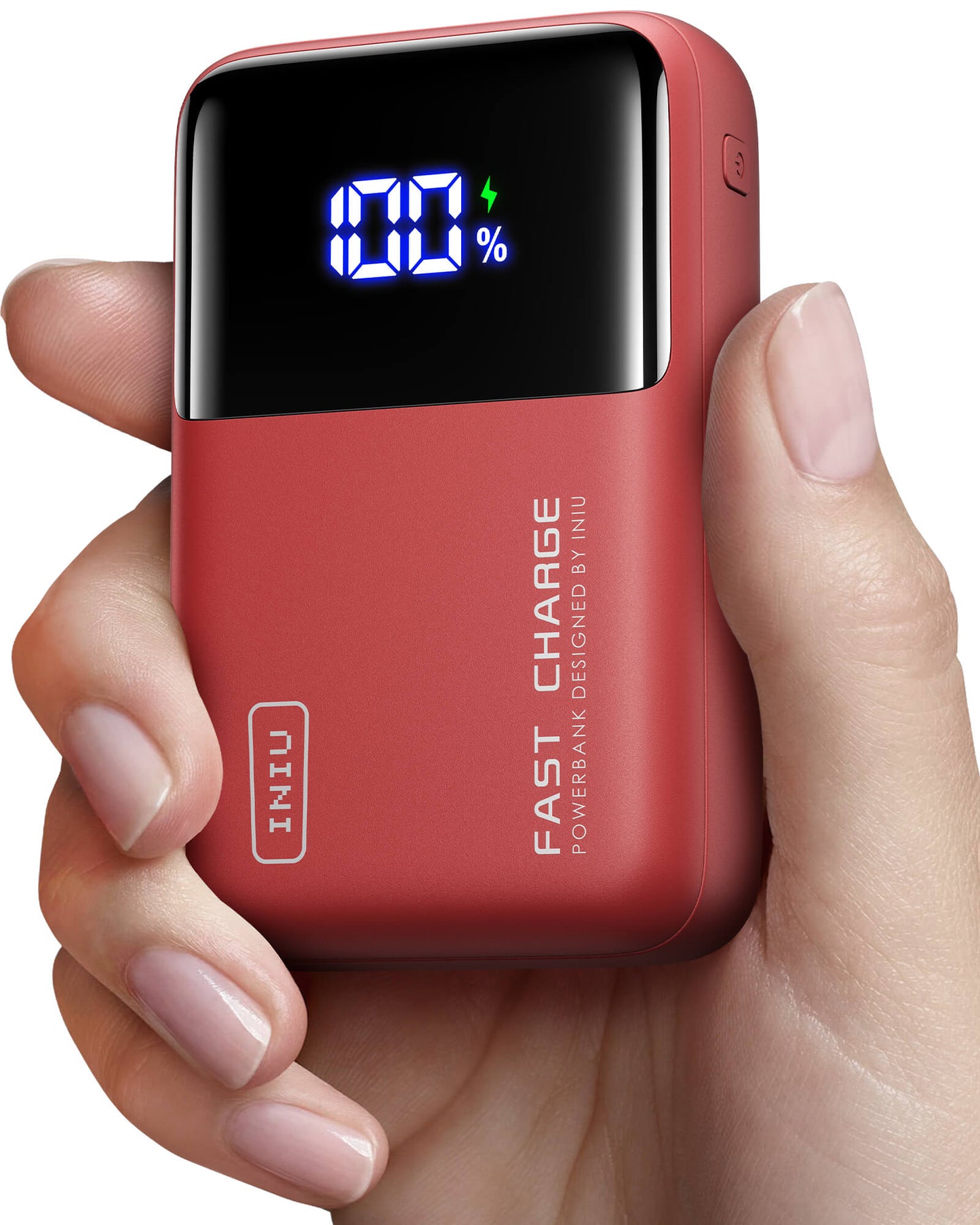 INIU Cougar P63-E1 Power Bank, red, hand held. 100% charge, FAST CHARGE technology.