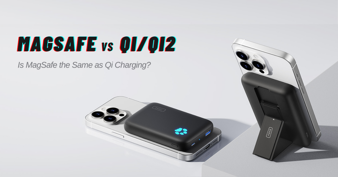INIU MagSafe Power Bank charging iPhone, comparison of MagSafe vs Qi wireless charging