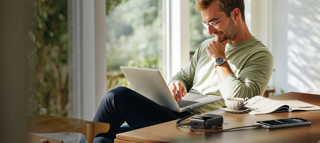 Man using laptop with portable charger