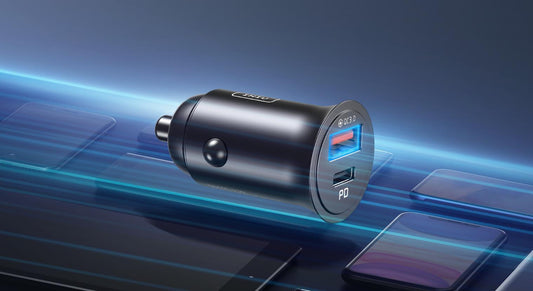 INIU dual-port car charger with USB-A and USB-C PD ports against blue tech background