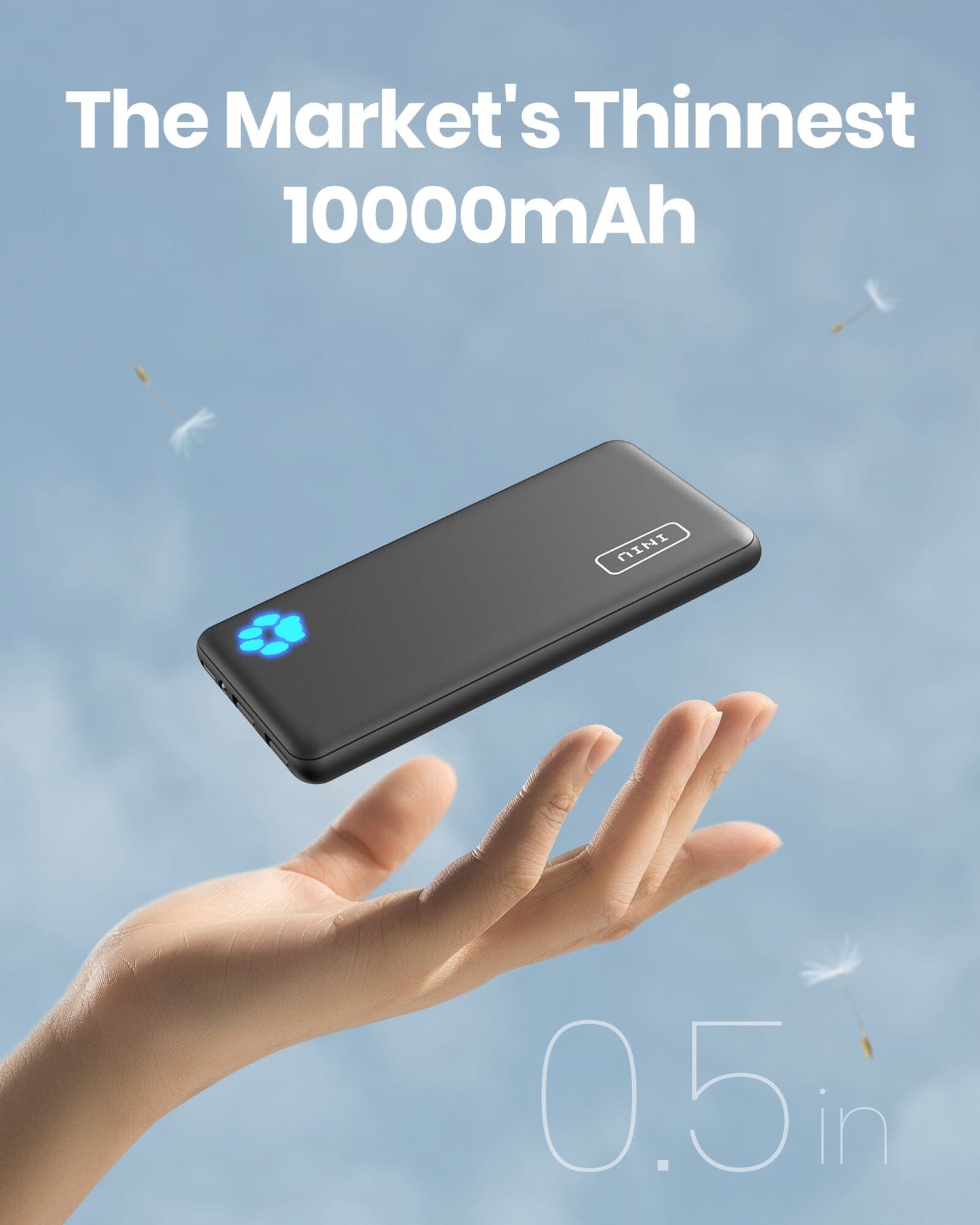 INIU B41 10000mAh power bank, slim black design, floating, sky background.