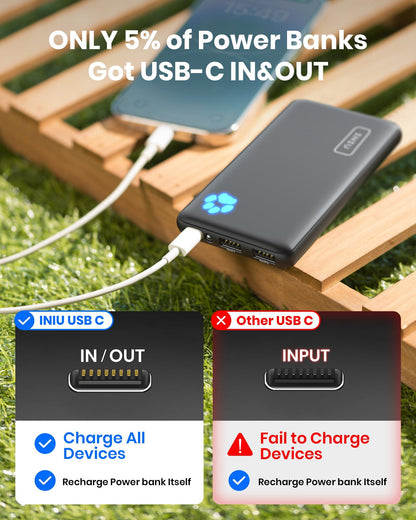 INIU B41 Power Bank with USB-C IN&OUT. Charges all devices and supports fast charging. Black slim design.