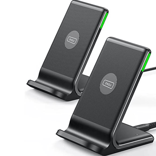 INIU I211 Wireless Charger: Black charging stand, fast Qi wireless charging, adaptive LED indicator.