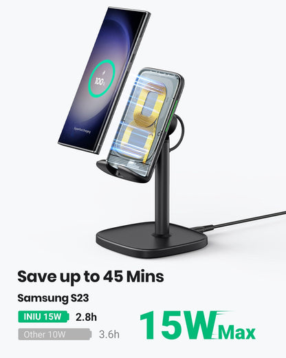 INIU I212 Wireless Charger: Black stand with phone charging, 15W fast charging for Samsung S23.